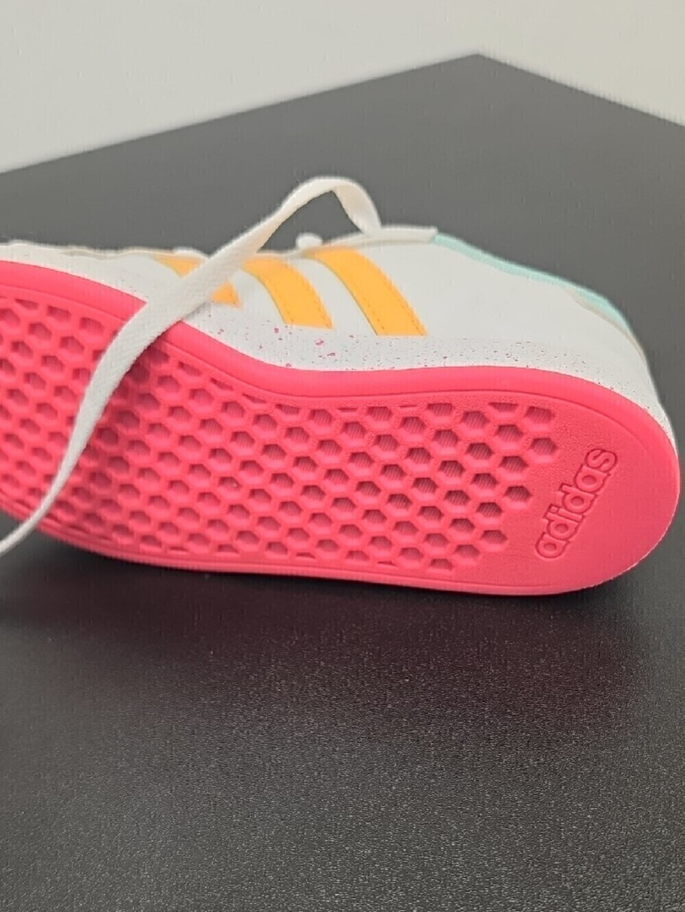 Kids Adidas Disney Logo White Sneakers with Yellow Stripes and Mint Lining - Picture 5 of 6